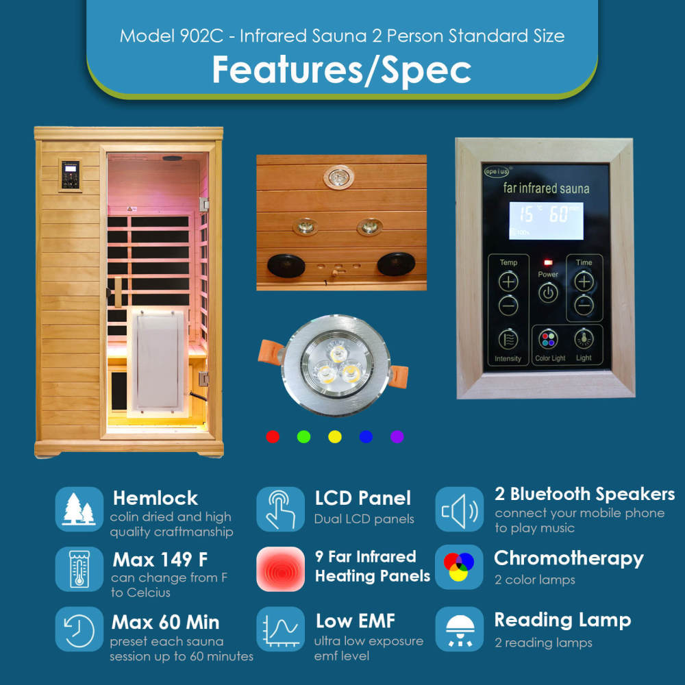 Xmatch Saunas 902C Far Infrared Sauna, Indoor Wooden Dry Sauna Low EMF (Hemlock Wood, 2-Person Standard Size 360 Envolved)