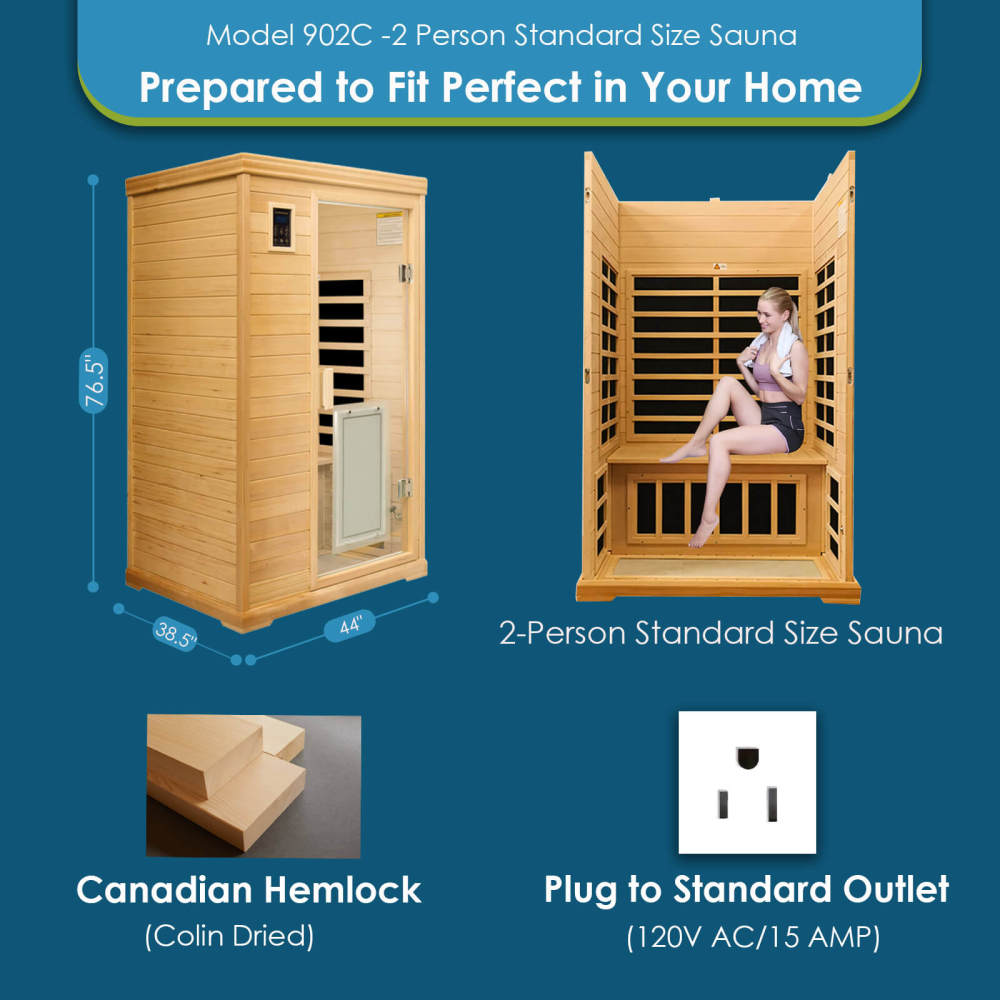 Xmatch Saunas 902C Far Infrared Sauna, Indoor Wooden Dry Sauna Low EMF (Hemlock Wood, 2-Person Standard Size 360 Envolved)