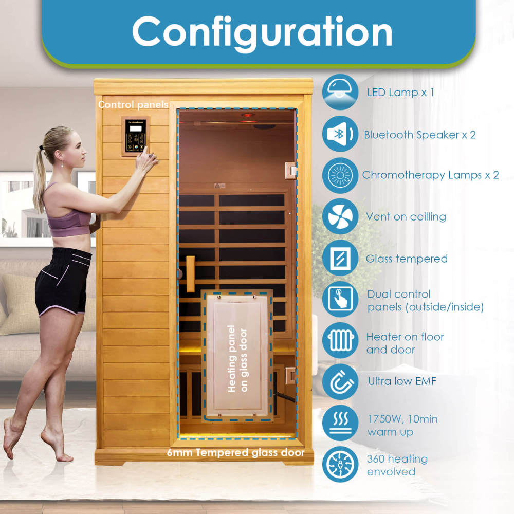 Xmatch Saunas 902C Far Infrared Sauna, Indoor Wooden Dry Sauna Low EMF (Hemlock Wood, 2-Person Standard Size 360 Envolved)