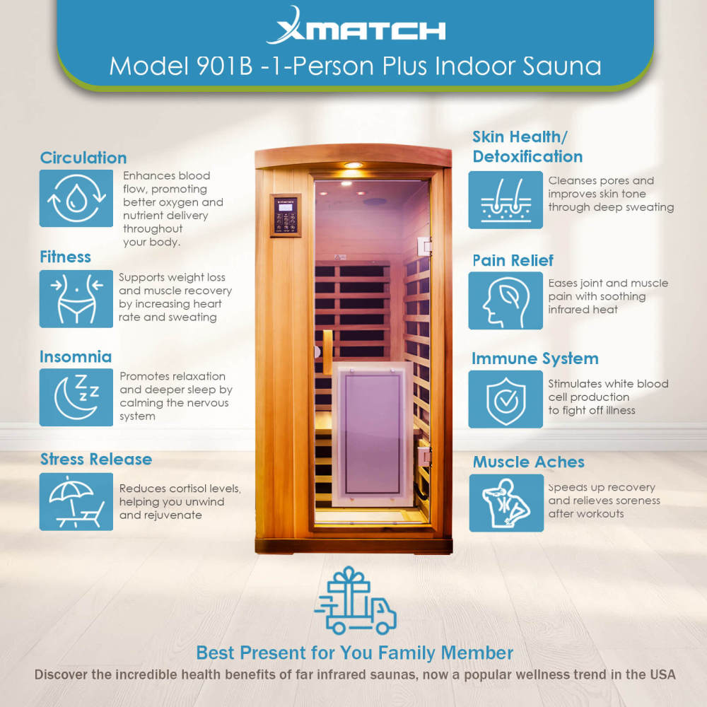 Xmatch Saunas 901B Far Infrared Sauna, Indoor Wooden Dry Sauna (Red Cedar, 1-Person Plus Size 360 Envolved)
