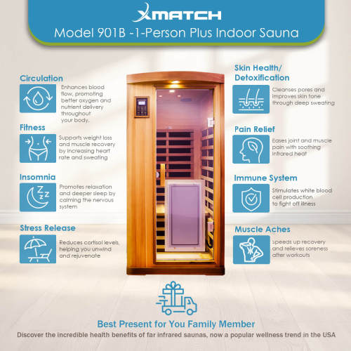 Xmatch Saunas 901B Far Infrared Sauna, Indoor Wooden Dry Sauna (Red Cedar, 1-Person Plus Size 360 Envolved)