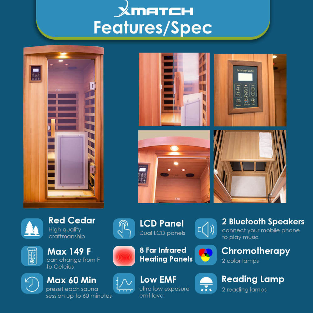Xmatch Saunas 901B Far Infrared Sauna, Indoor Wooden Dry Sauna (Red Cedar, 1-Person Plus Size 360 Envolved)