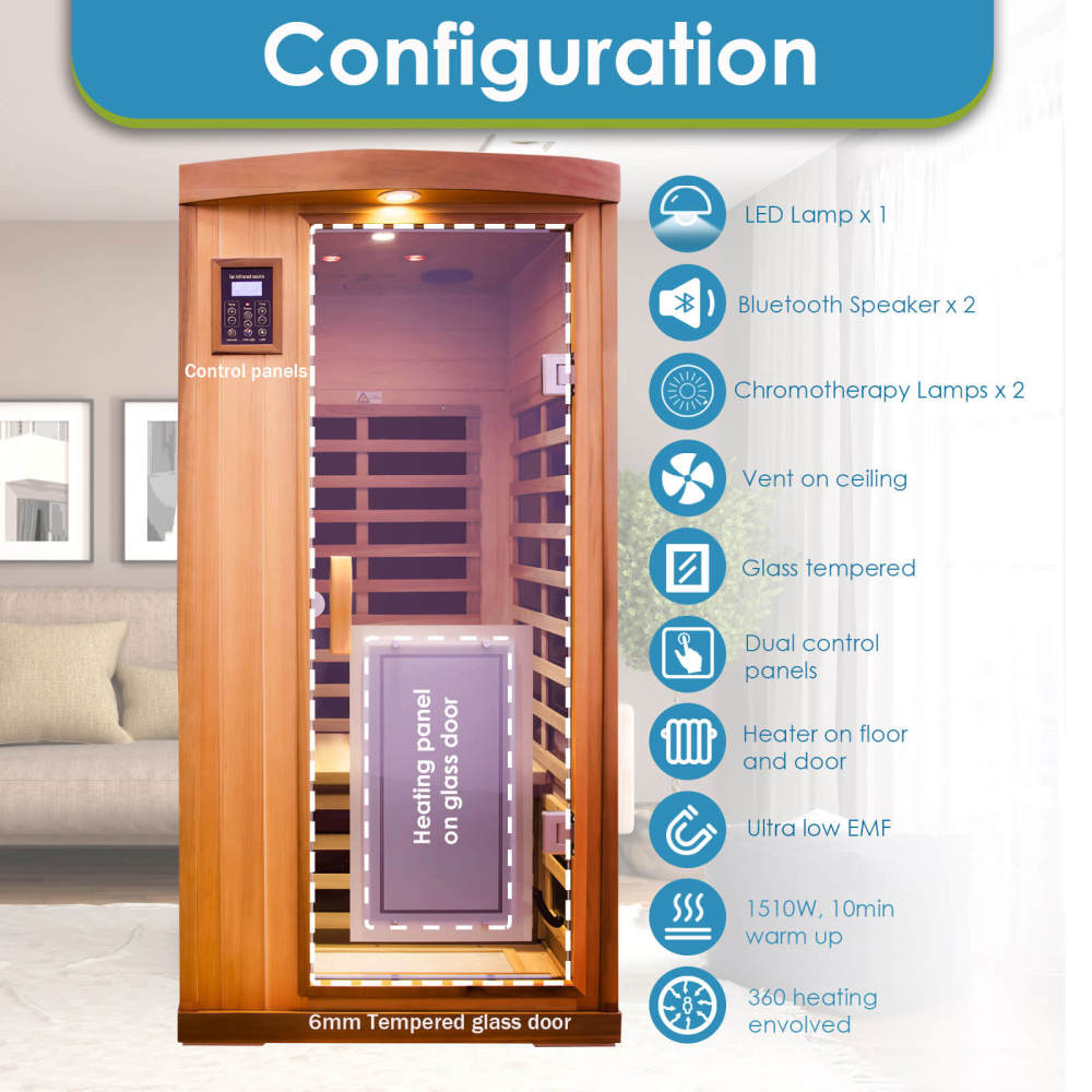 Xmatch Saunas 901B Far Infrared Sauna, Indoor Wooden Dry Sauna (Red Cedar, 1-Person Plus Size 360 Envolved)