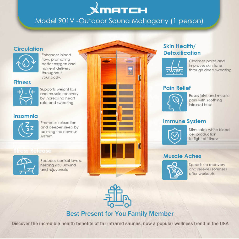 Xmatch Saunas 901V Far Infrared Sauna, Outdoor Wooden Dry Sauna Low EMF (Mahogany Wood, 1-Person Size)