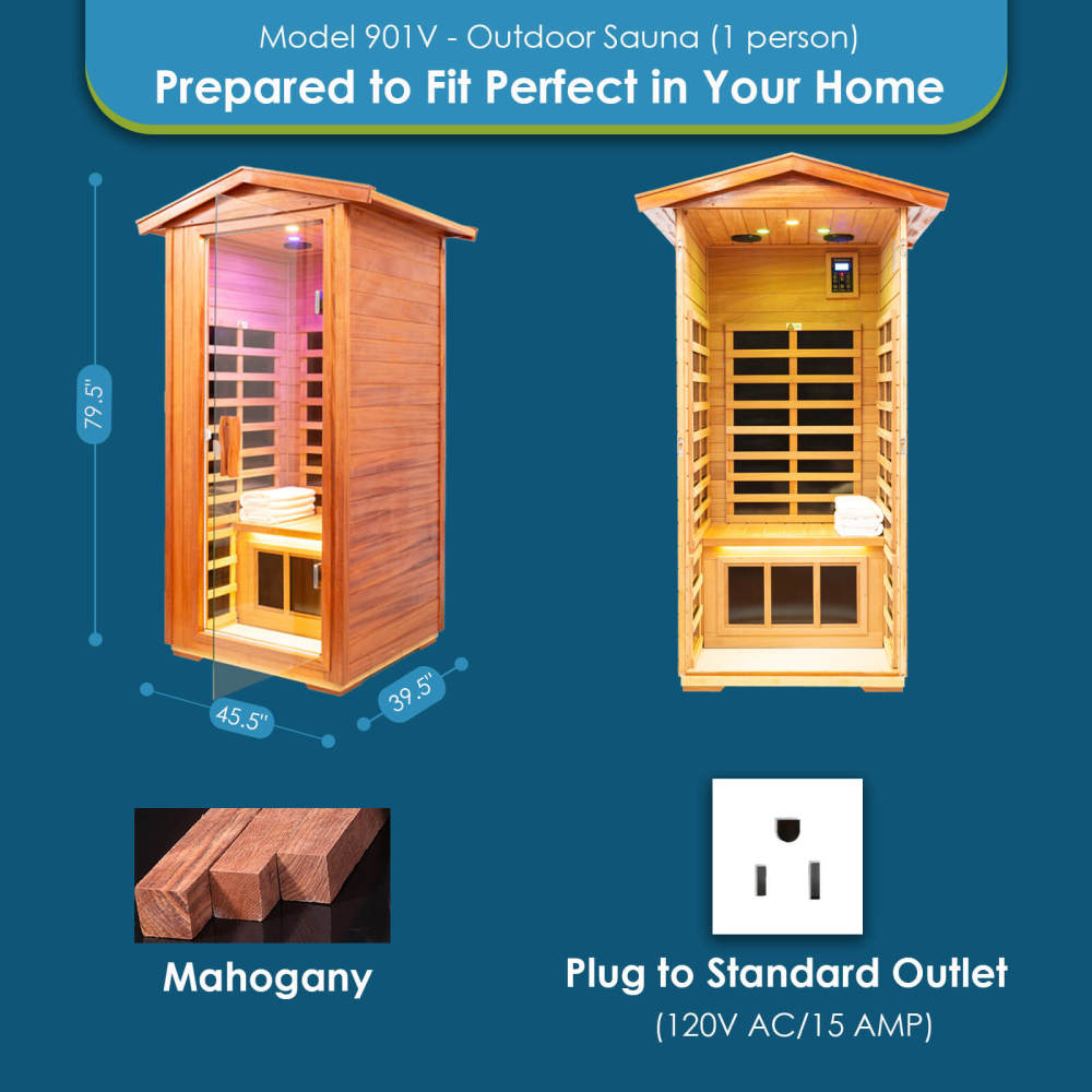Xmatch Saunas 901V Far Infrared Sauna, Outdoor Wooden Dry Sauna Low EMF (Mahogany Wood, 1-Person Size)