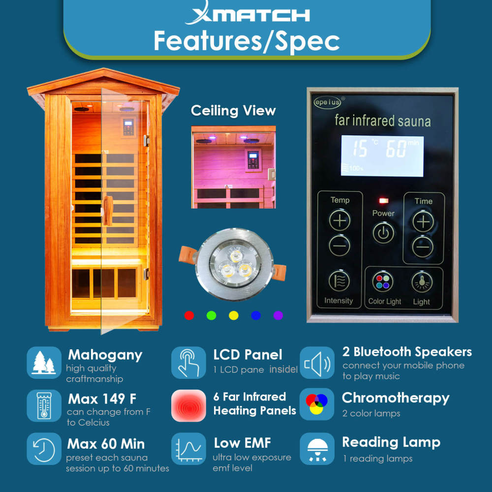 Xmatch Saunas 901V Far Infrared Sauna, Outdoor Wooden Dry Sauna Low EMF (Mahogany Wood, 1-Person Size)