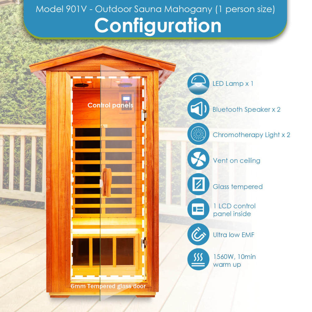 Xmatch Saunas 901V Far Infrared Sauna, Outdoor Wooden Dry Sauna Low EMF (Mahogany Wood, 1-Person Size)