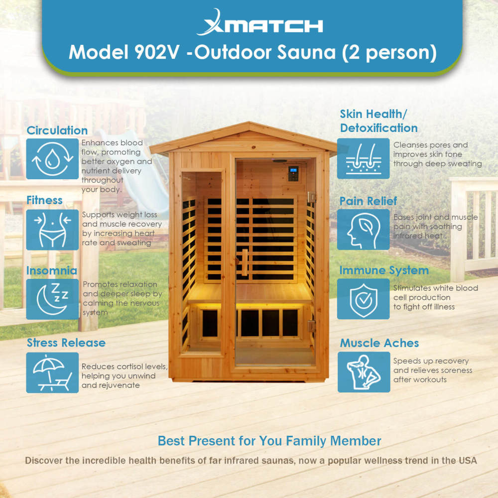 Xmatch Saunas 902V Far Infrared Sauna, Outdoor Wooden Dry Sauna Low EMF (Hemlock Wood, 2-Person Size)