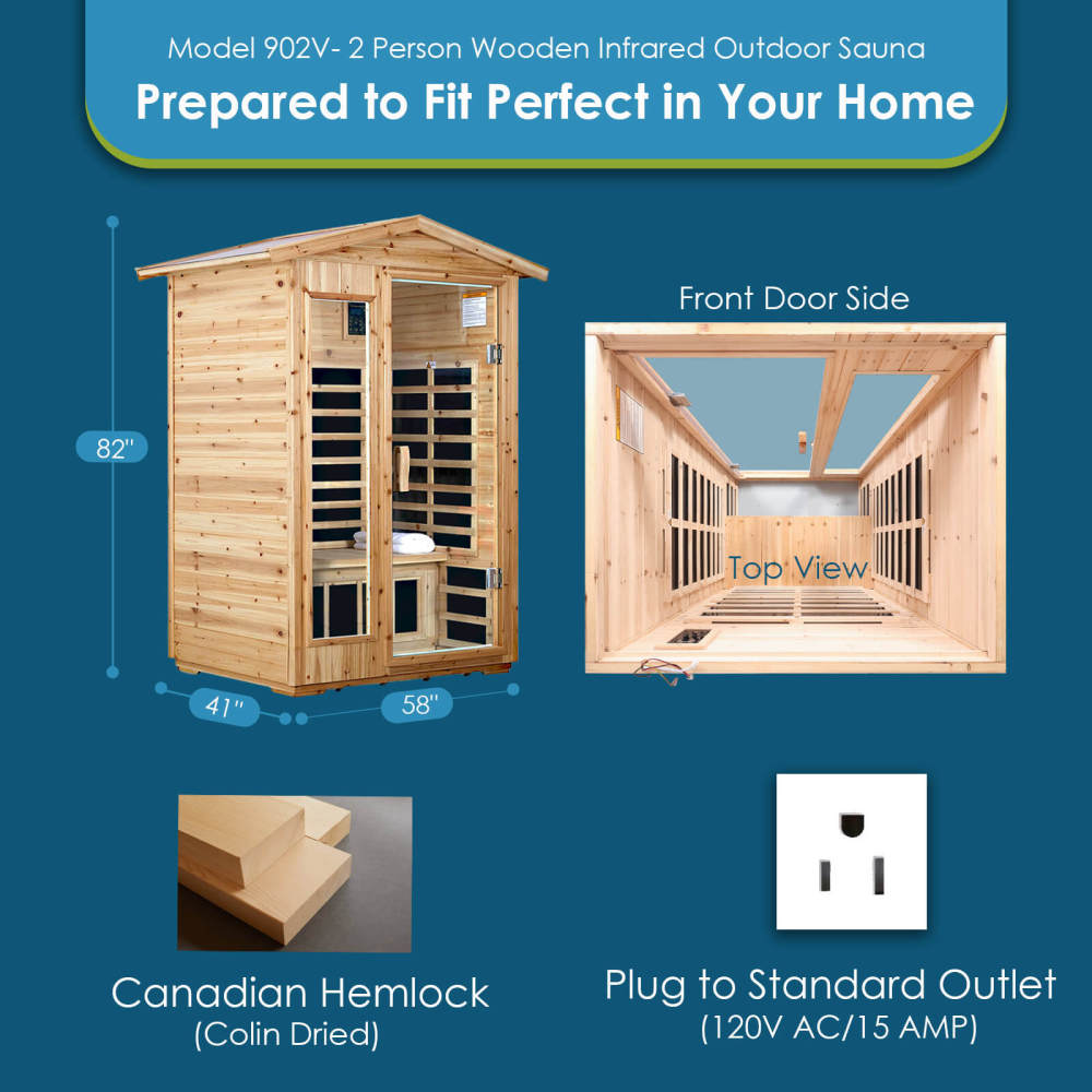 Xmatch Saunas 902V Far Infrared Sauna, Outdoor Wooden Dry Sauna Low EMF (Hemlock Wood, 2-Person Size)