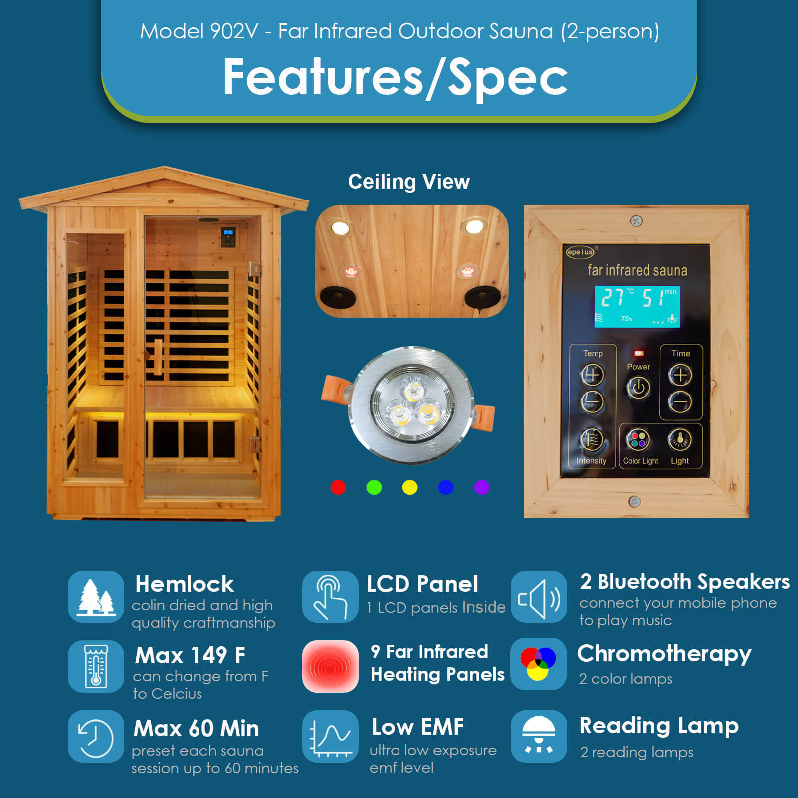 Xmatch Saunas 902V Far Infrared Sauna, Outdoor Wooden Dry Sauna Low EMF (Hemlock Wood, 2-Person Size)