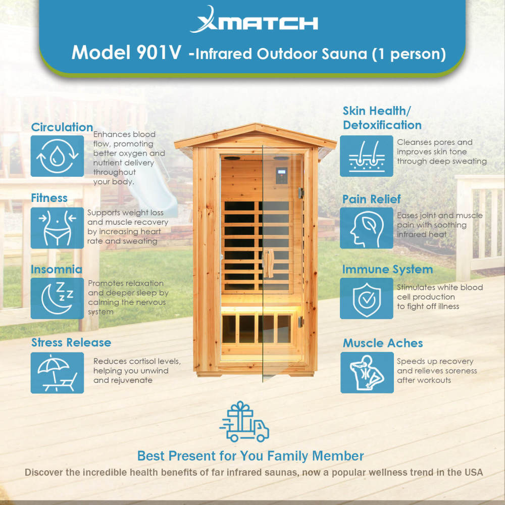 Xmatch Saunas 901V Far Infrared Sauna, Outdoor Wooden Dry Sauna Low EMF (Hemlock Wood, 1-Person Size)