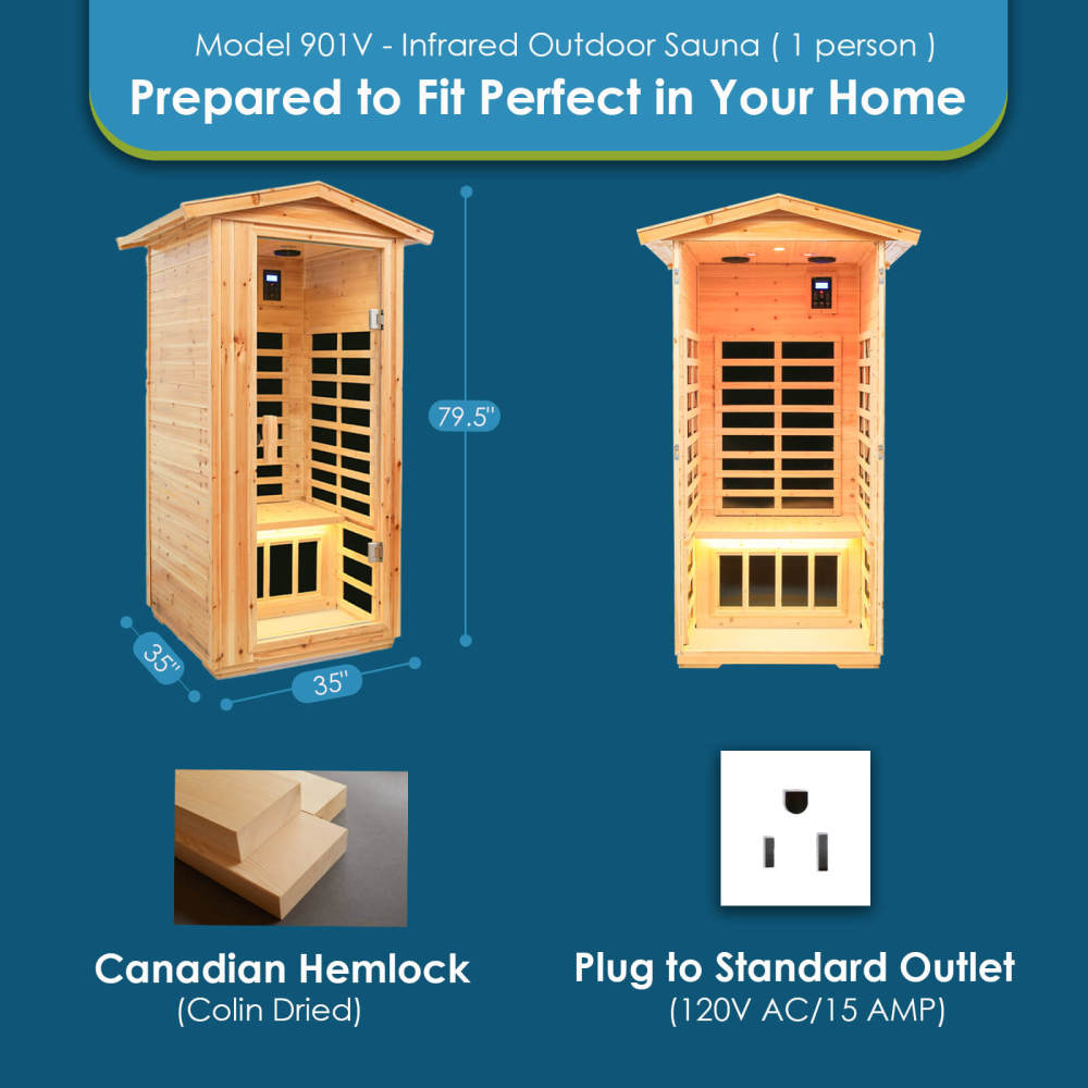Xmatch Saunas 901V Far Infrared Sauna, Outdoor Wooden Dry Sauna Low EMF (Hemlock Wood, 1-Person Size)