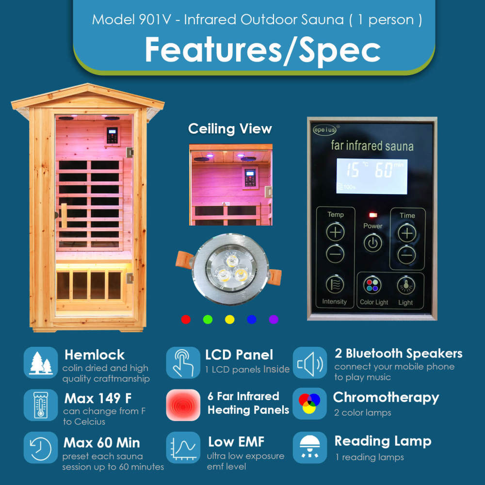 Xmatch Saunas 901V Far Infrared Sauna, Outdoor Wooden Dry Sauna Low EMF (Hemlock Wood, 1-Person Size)