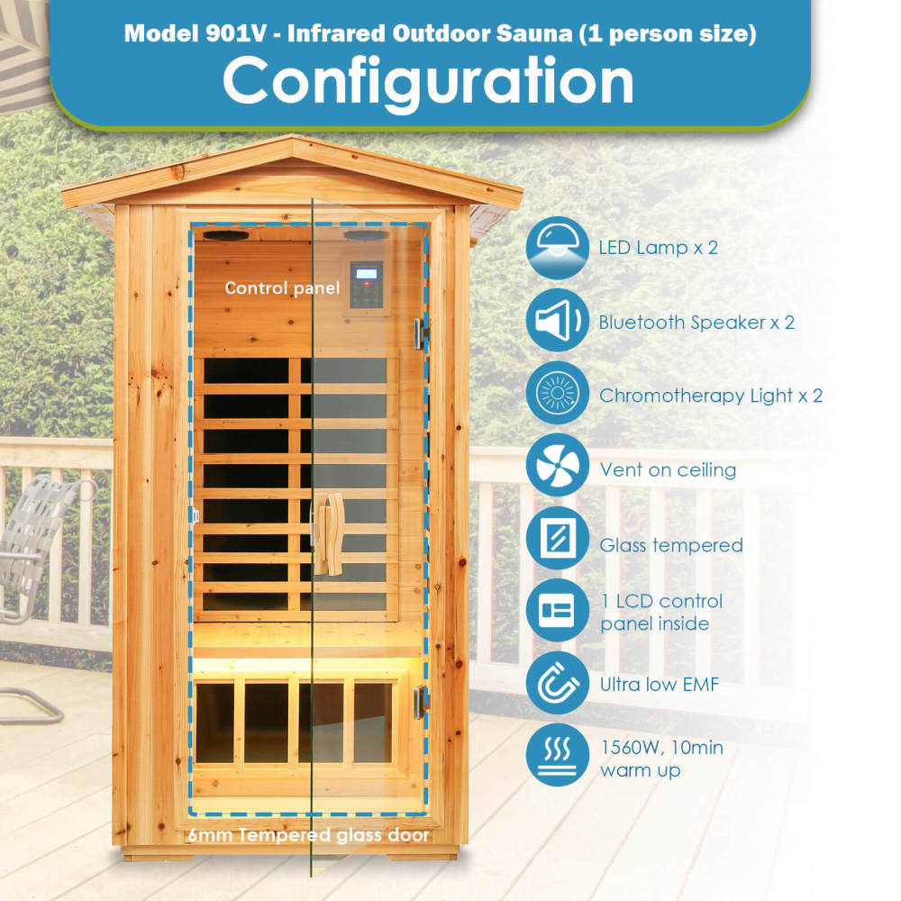 Xmatch Saunas 901V Far Infrared Sauna, Outdoor Wooden Dry Sauna Low EMF (Hemlock Wood, 1-Person Size)