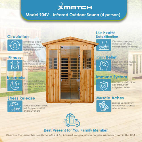 Xmatch Saunas 904V Far Infrared Sauna, Outdoor Wooden Dry Sauna Low EMF (Hemlock Wood, 4-Person Size)