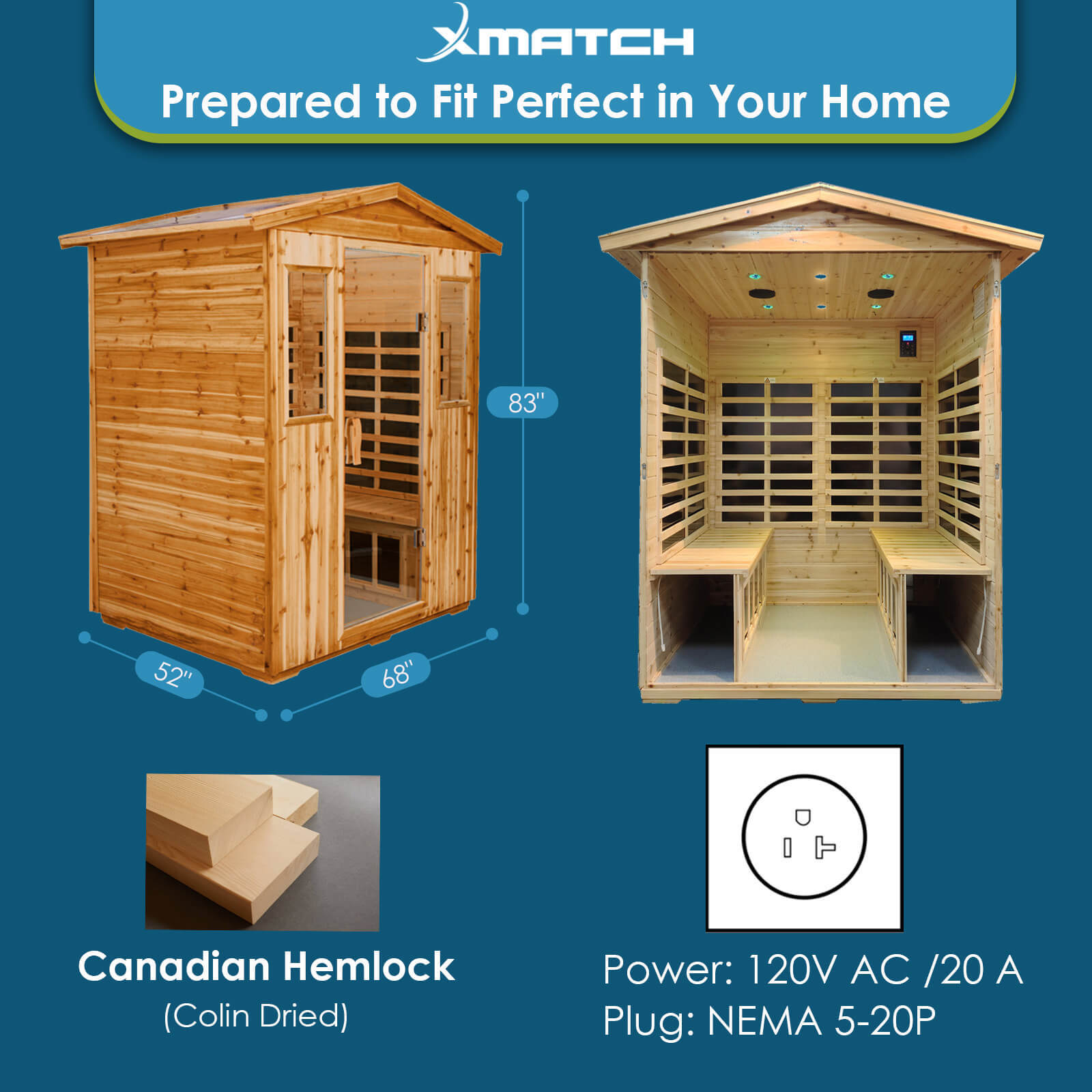 Xmatch Saunas 904V Far Infrared Sauna, Outdoor Wooden Dry Sauna Low EMF (Hemlock Wood, 4-Person Size)