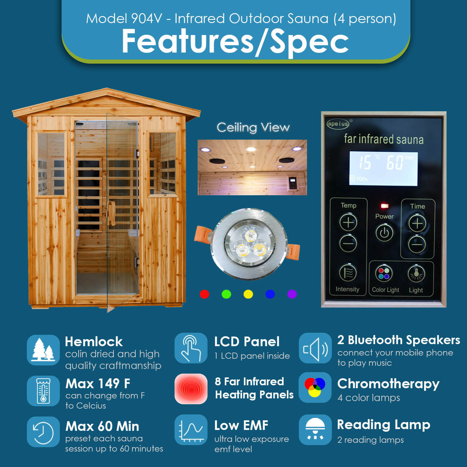 Xmatch Saunas 904V Far Infrared Sauna, Outdoor Wooden Dry Sauna Low EMF (Hemlock Wood, 4-Person Size)