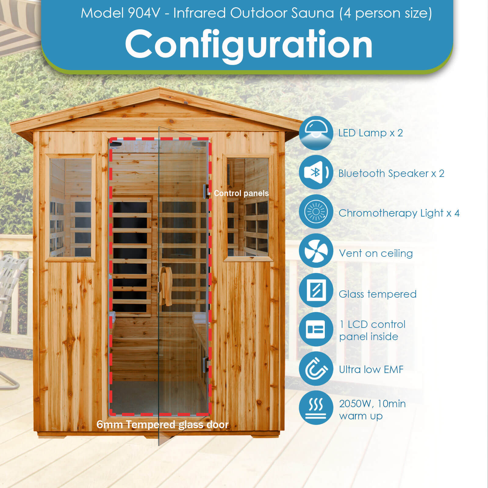 Xmatch Saunas 904V Far Infrared Sauna, Outdoor Wooden Dry Sauna Low EMF (Hemlock Wood, 4-Person Size)
