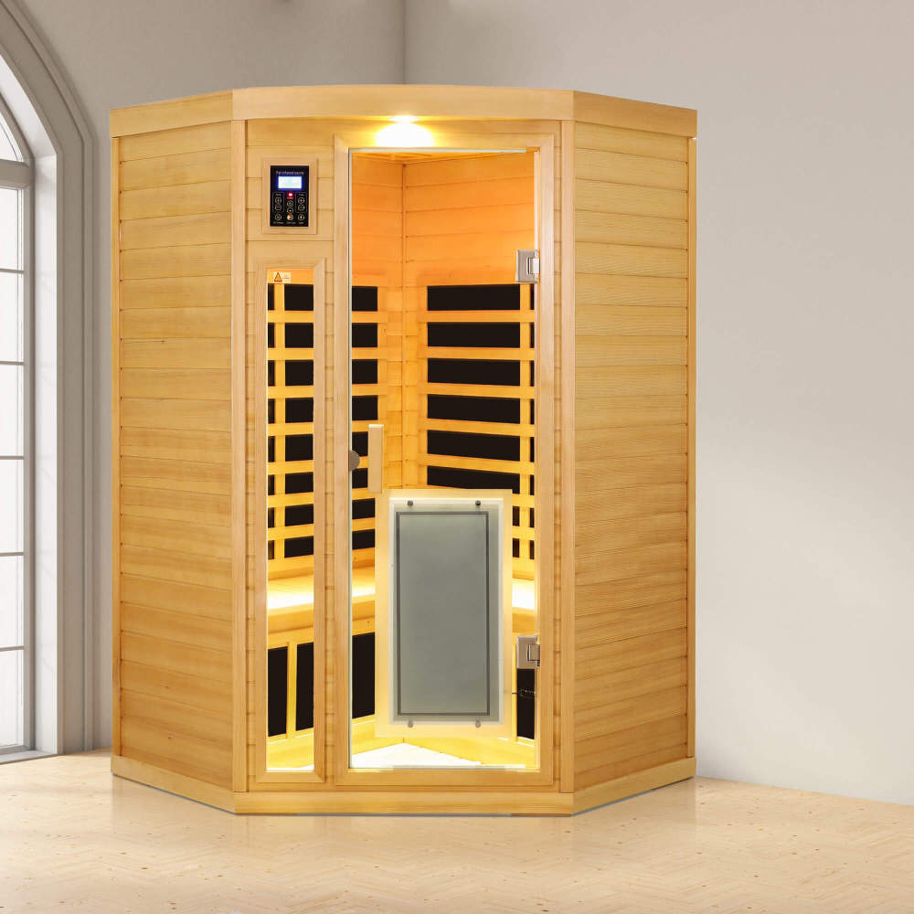 Xmatch Saunas 907B Far Infrared Sauna, Indoor Corner Wooden Dry Sauna Low EMF (Hemlock Wood, 2-3 Person Size 360 Envolved)