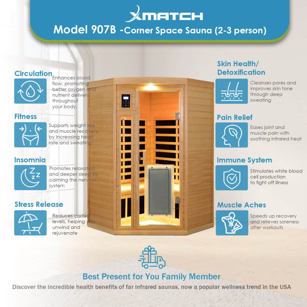 Xmatch Saunas 907B Far Infrared Sauna, Indoor Corner Wooden Dry Sauna Low EMF (Hemlock Wood, 2-3 Person Size 360 Envolved)