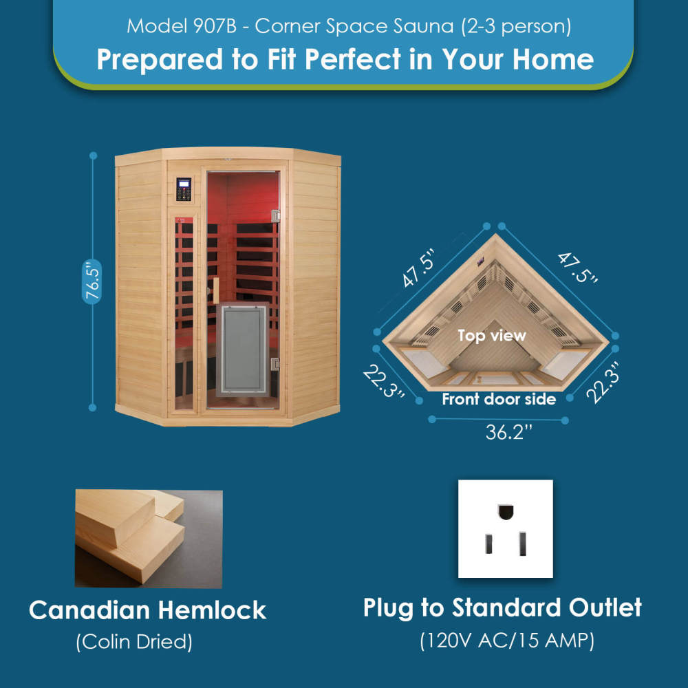 Xmatch Saunas 907B Far Infrared Sauna, Indoor Corner Wooden Dry Sauna Low EMF (Hemlock Wood, 2-3 Person Size 360 Envolved)