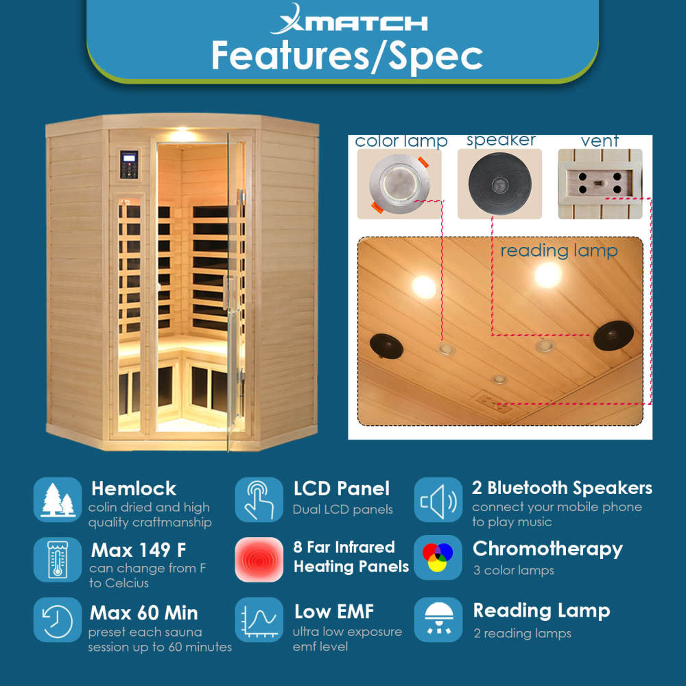 Xmatch Saunas 907B Far Infrared Sauna, Indoor Corner Wooden Dry Sauna Low EMF (Hemlock Wood, 2-3 Person Size 360 Envolved)