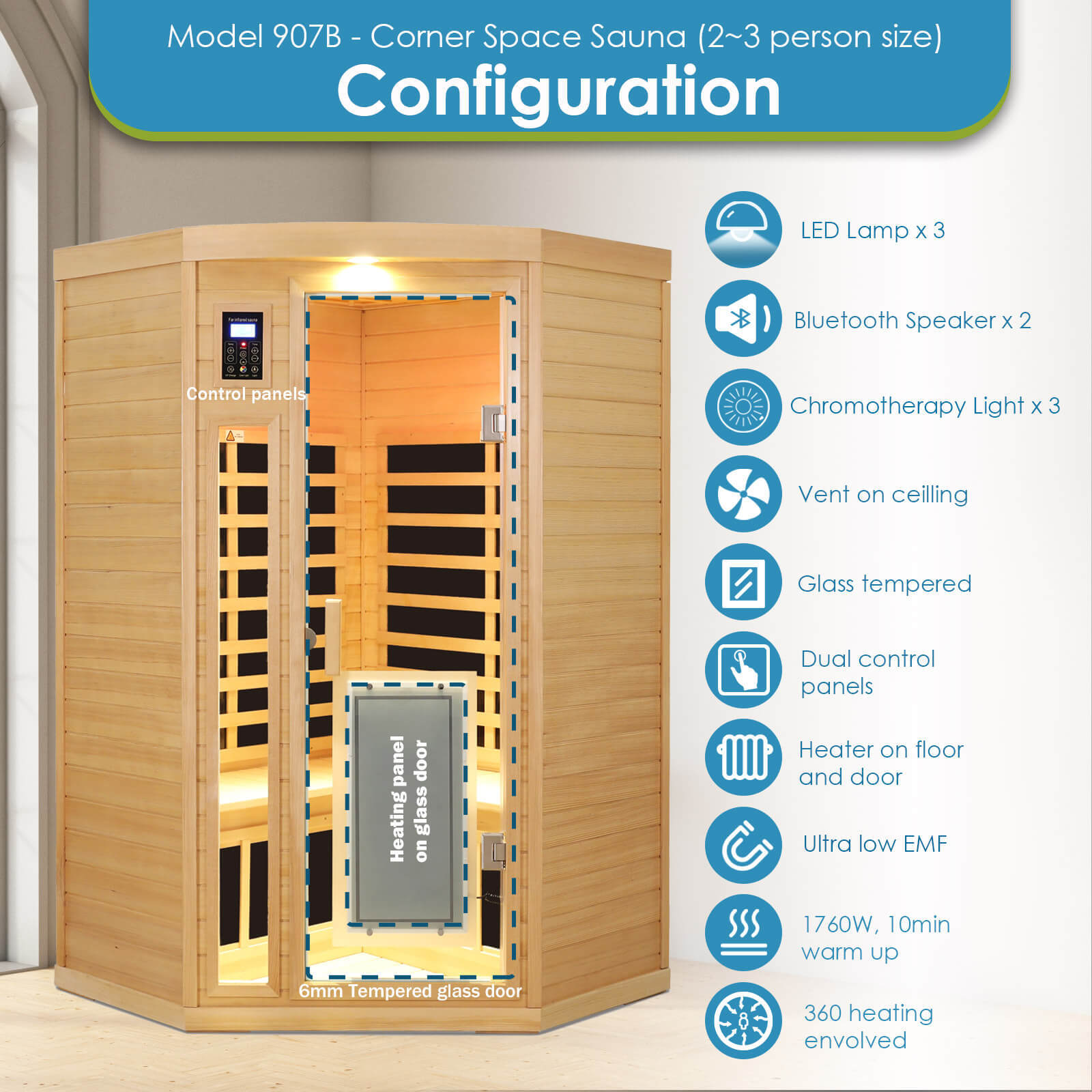 Xmatch Saunas 907B Far Infrared Sauna, Indoor Corner Wooden Dry Sauna Low EMF (Hemlock Wood, 2-3 Person Size 360 Envolved)