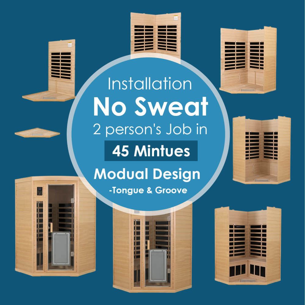 Xmatch Saunas 907B Far Infrared Sauna, Indoor Corner Wooden Dry Sauna Low EMF (Hemlock Wood, 2-3 Person Size 360 Envolved)