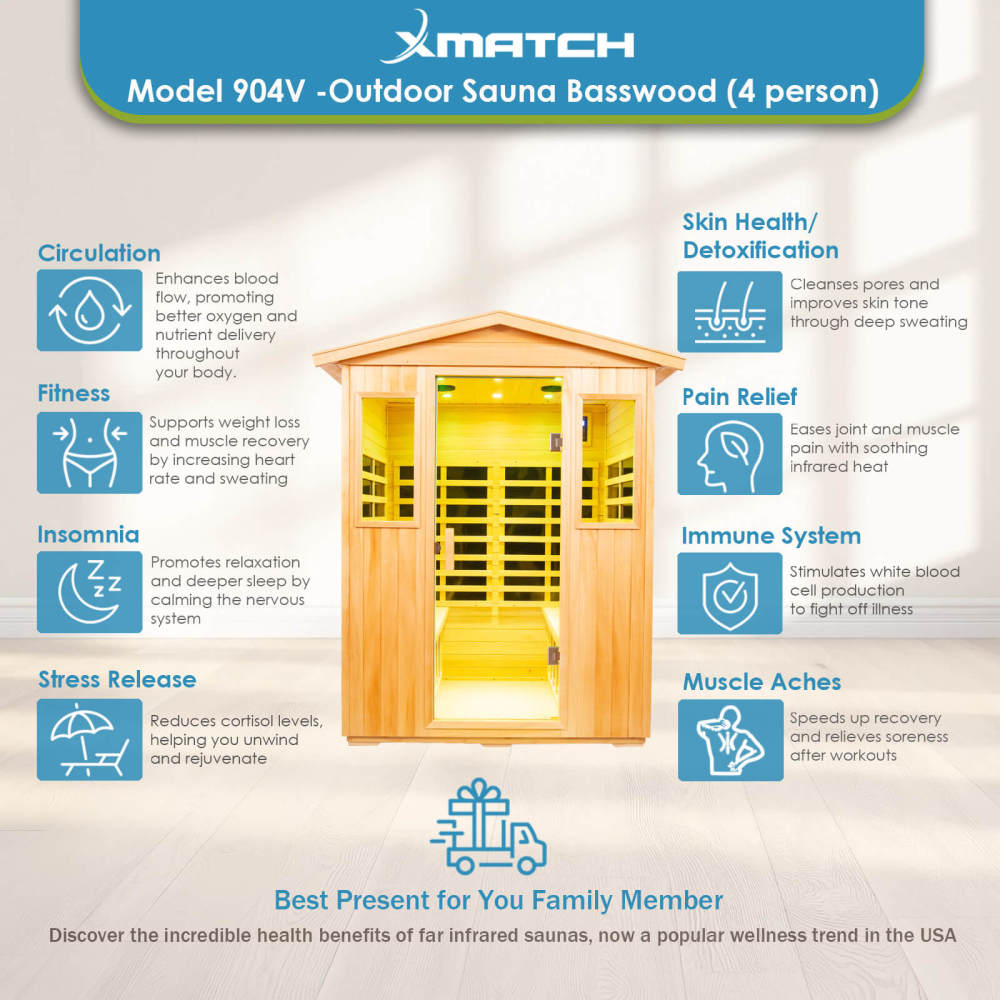 Xmatch Saunas 904V Far Infrared Sauna, Outdoor Wooden Dry Sauna Low EMF (Basswood, 4-Person Size)