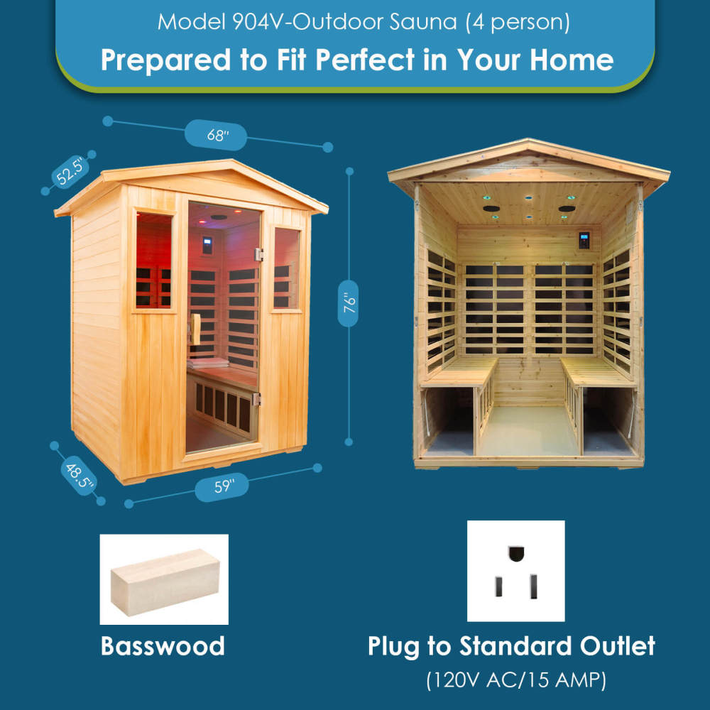 Xmatch Saunas 904V Far Infrared Sauna, Outdoor Wooden Dry Sauna Low EMF (Basswood, 4-Person Size)