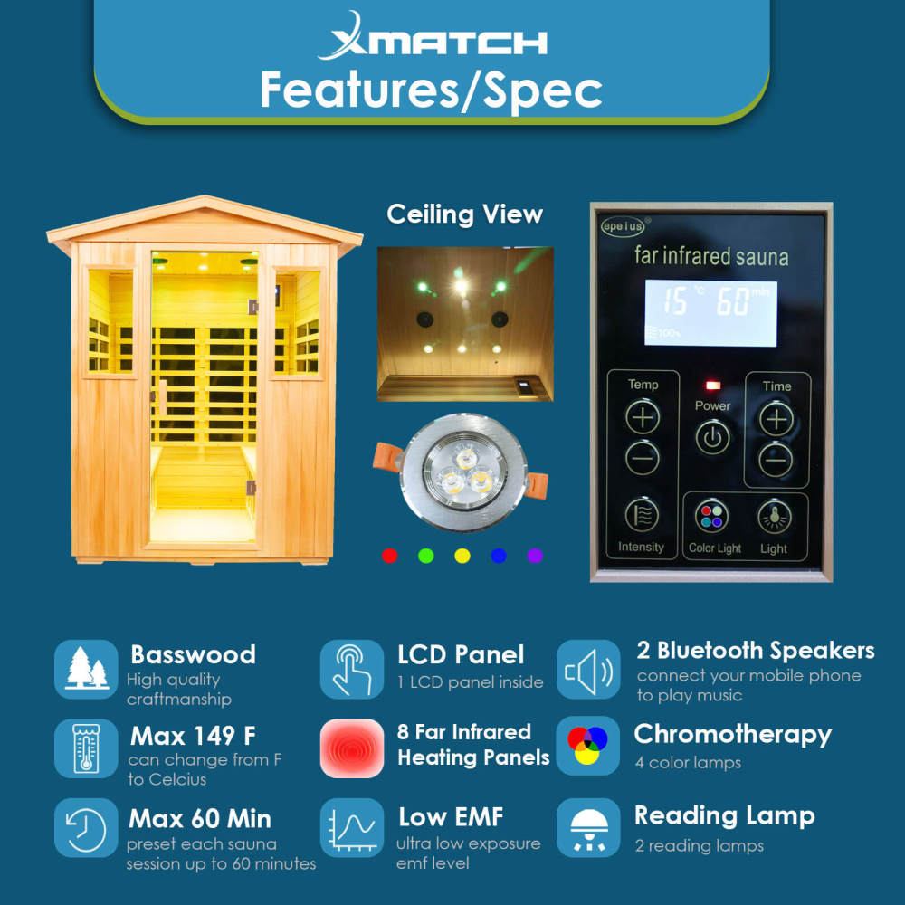 Xmatch Saunas 904V Far Infrared Sauna, Outdoor Wooden Dry Sauna Low EMF (Basswood, 4-Person Size)