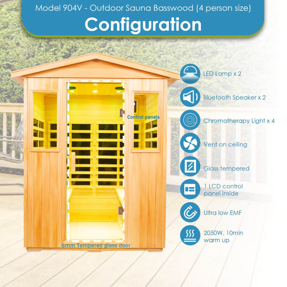 Xmatch Saunas 904V Far Infrared Sauna, Outdoor Wooden Dry Sauna Low EMF (Basswood, 4-Person Size)
