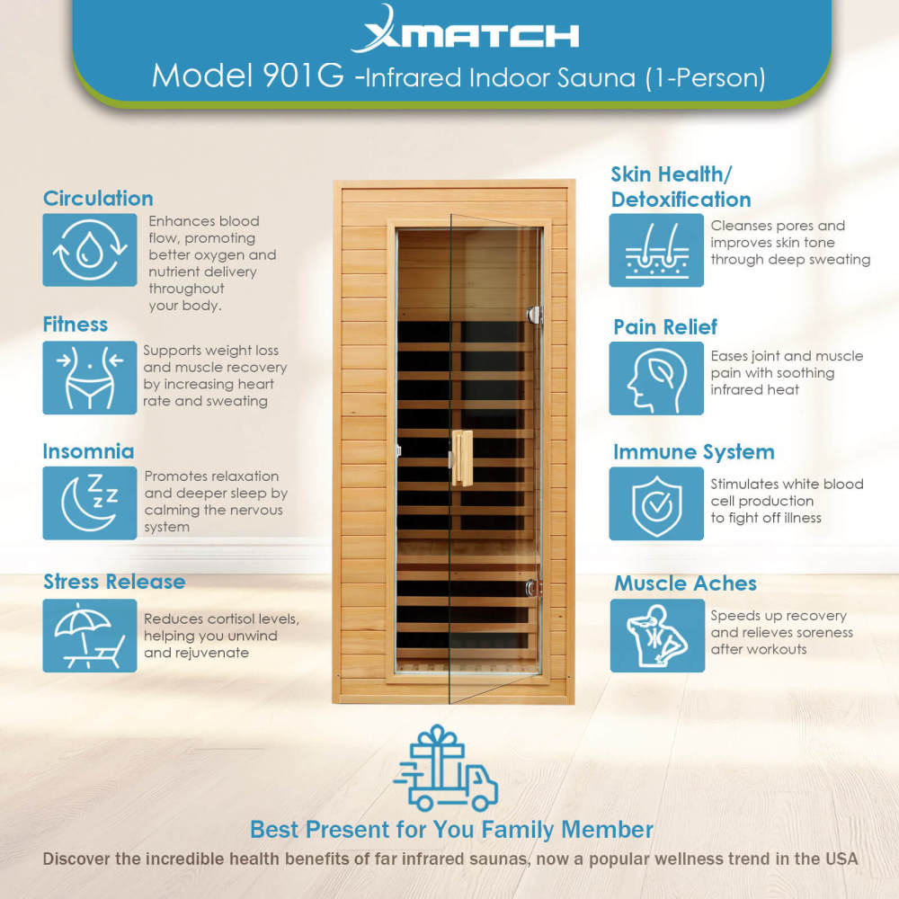 Xmatch Saunas 901G Far Infrared Sauna, Indoor Wooden Dry Sauna Low EMF (Hemlock Wood, 1-Person Size)
