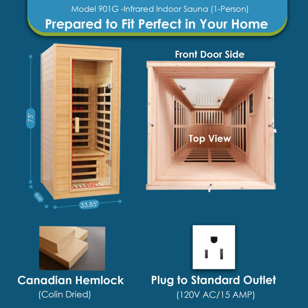 Xmatch Saunas 901G Far Infrared Sauna, Indoor Wooden Dry Sauna Low EMF (Hemlock Wood, 1-Person Size)