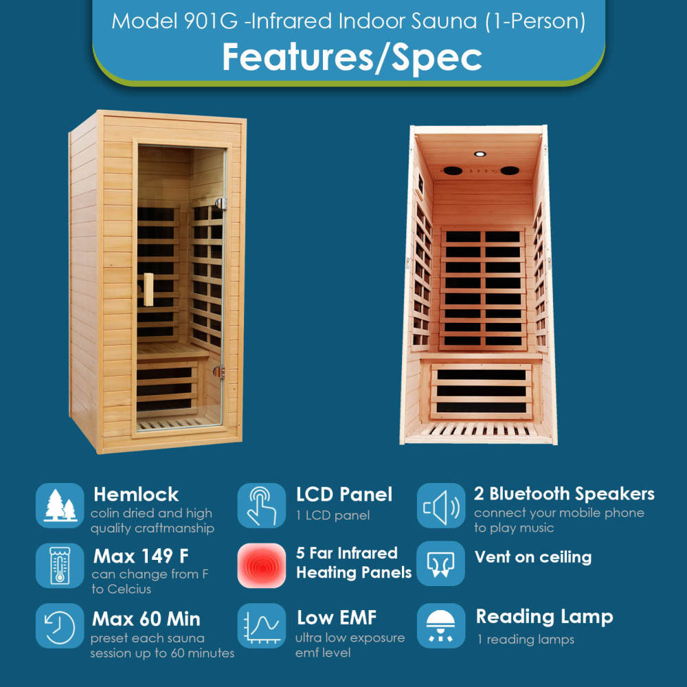 Xmatch Saunas 901G Far Infrared Sauna, Indoor Wooden Dry Sauna Low EMF (Hemlock Wood, 1-Person Size)