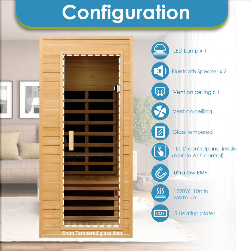 Xmatch Saunas 901G Far Infrared Sauna, Indoor Wooden Dry Sauna Low EMF (Hemlock Wood, 1-Person Size)