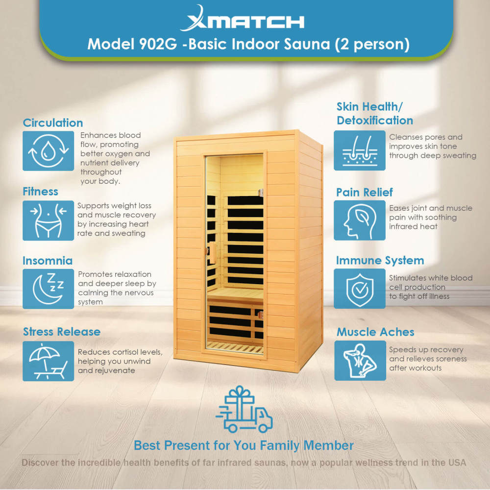 Xmatch Saunas 902G Far Infrared Sauna, Indoor Wooden Dry Sauna Low EMF (Hemlock Wood, 2-Person Size)