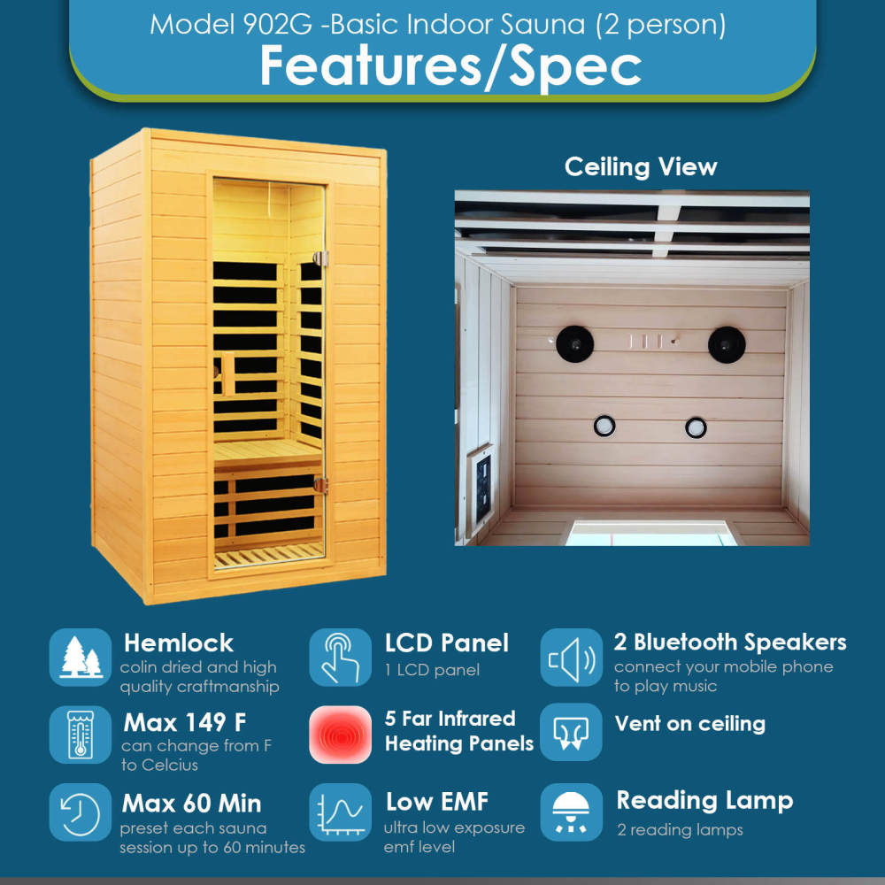 Xmatch Saunas 902G Far Infrared Sauna, Indoor Wooden Dry Sauna Low EMF (Hemlock Wood, 2-Person Size)