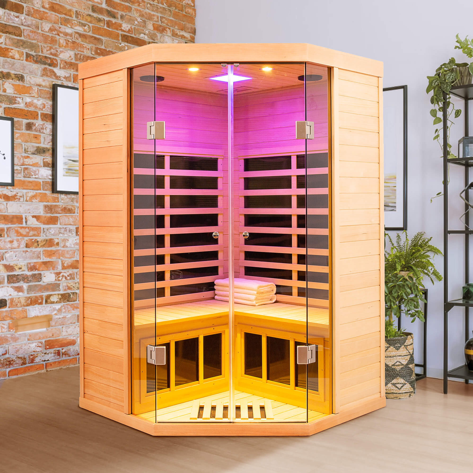 Xmatch Saunas 907S Far Infrared Sauna, Indoor Corner Wooden Dry Sauna Low EMF (Hemlock Wood, 2-3 Person Size)