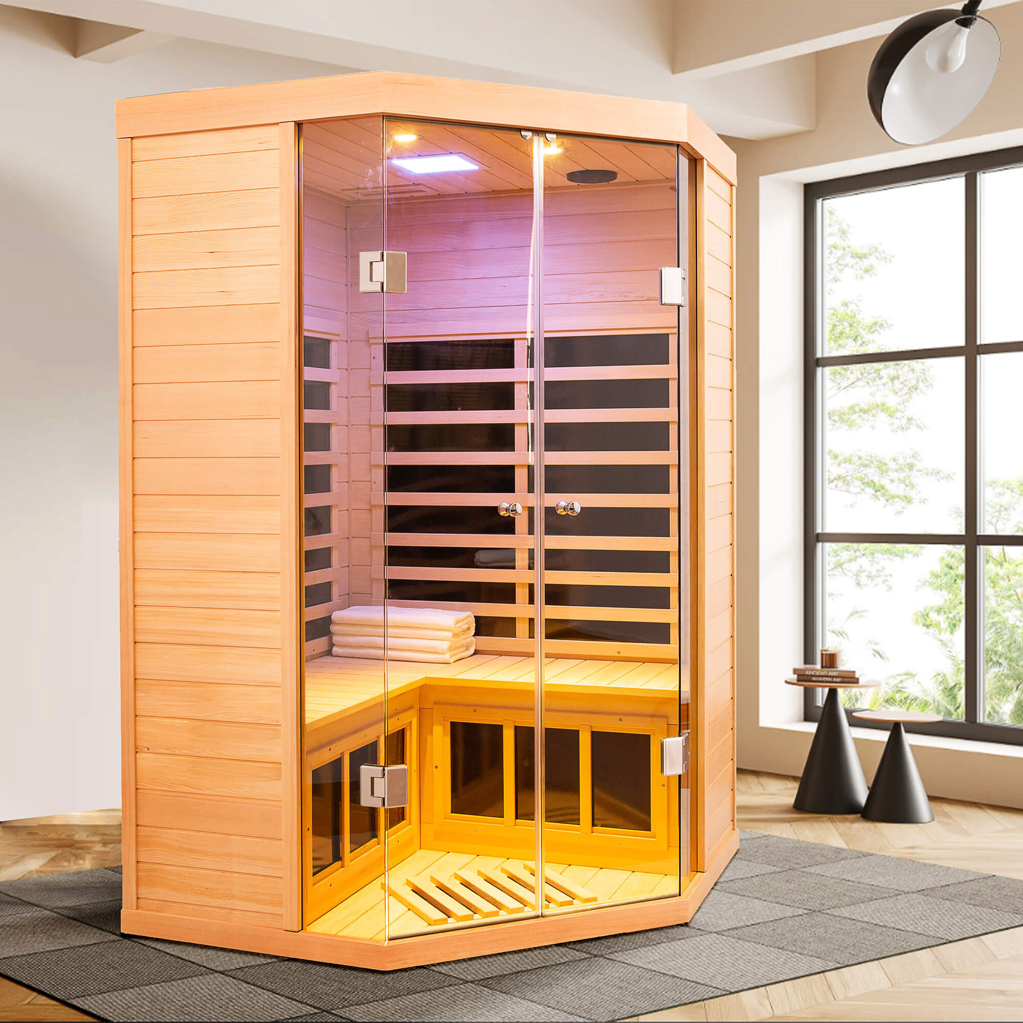 Xmatch Saunas 907S Far Infrared Sauna, Indoor Corner Wooden Dry Sauna Low EMF (Hemlock Wood, 2-3 Person Size)