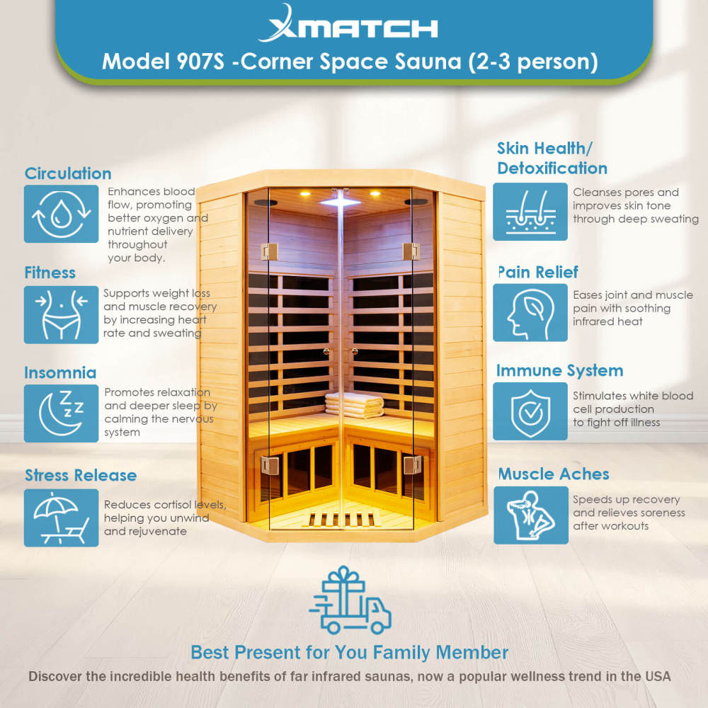 Xmatch Saunas 907S Far Infrared Sauna, Indoor Corner Wooden Dry Sauna Low EMF (Hemlock Wood, 2-3 Person Size)