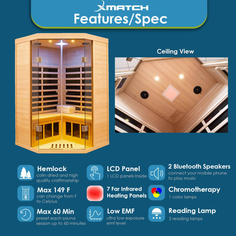 Xmatch Saunas 907S Far Infrared Sauna, Indoor Corner Wooden Dry Sauna Low EMF (Hemlock Wood, 2-3 Person Size)