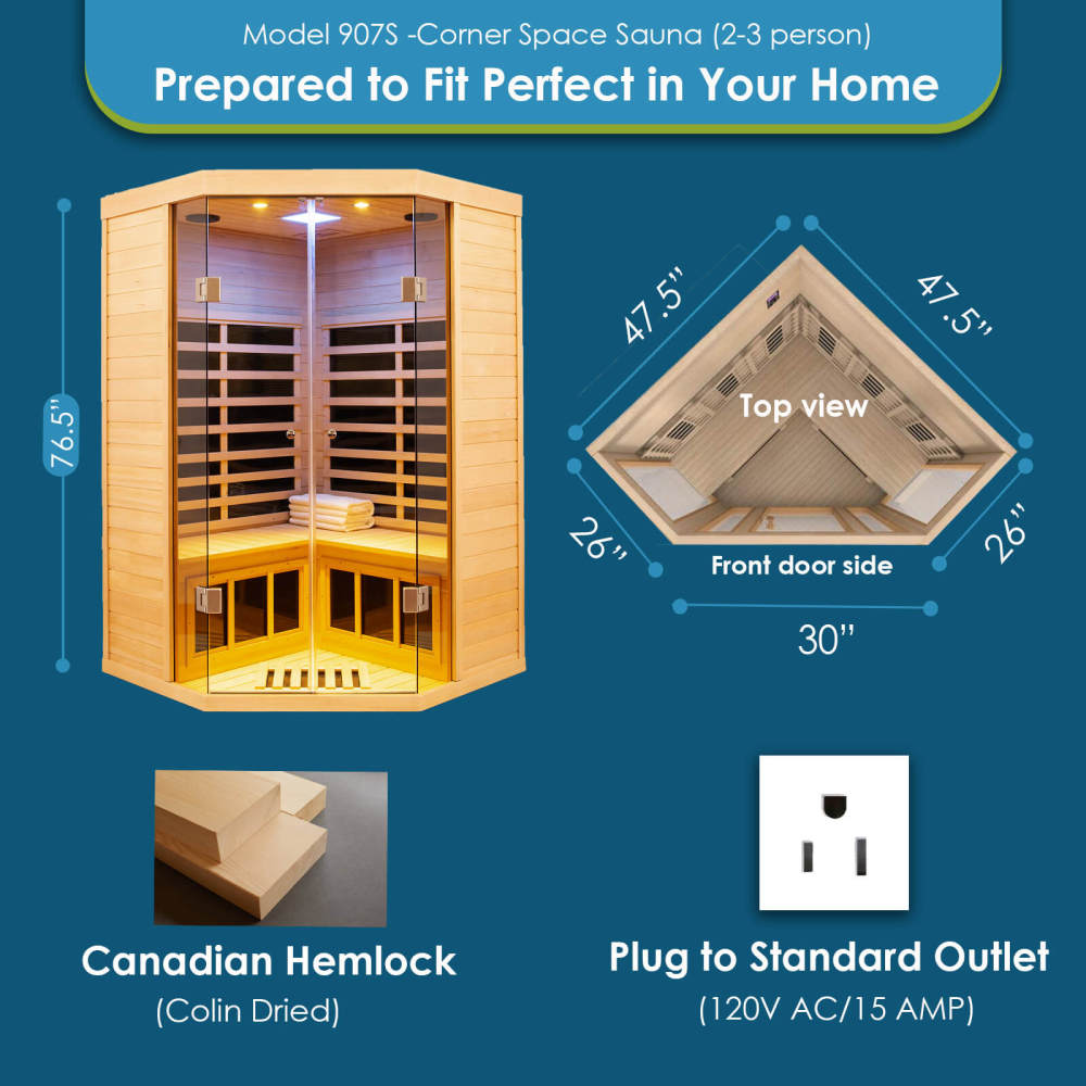 Xmatch Saunas 907S Far Infrared Sauna, Indoor Corner Wooden Dry Sauna Low EMF (Hemlock Wood, 2-3 Person Size)