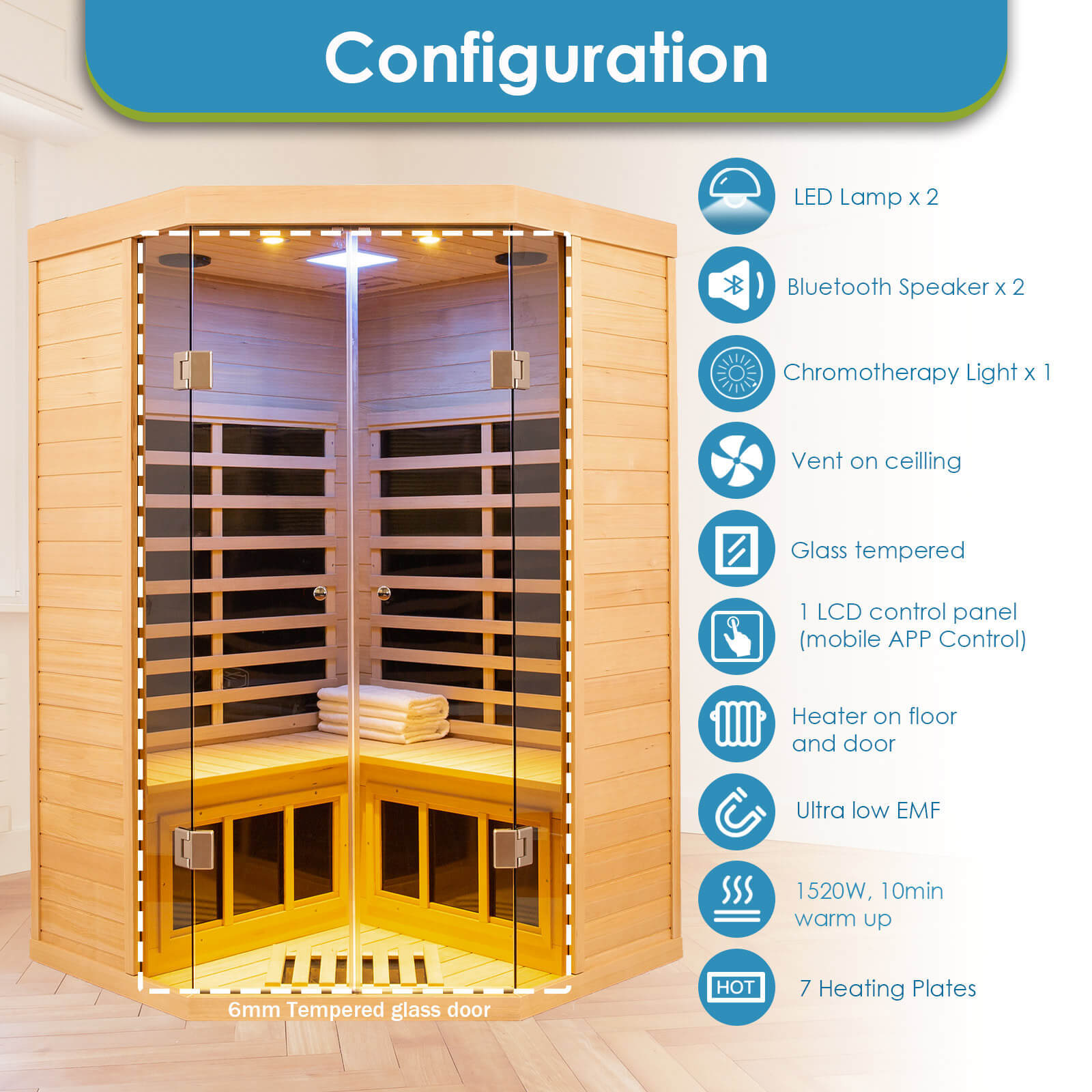 Xmatch Saunas 907S Far Infrared Sauna, Indoor Corner Wooden Dry Sauna Low EMF (Hemlock Wood, 2-3 Person Size)