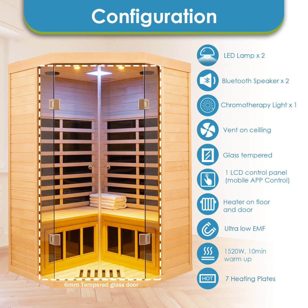 Xmatch Saunas 907S Far Infrared Sauna, Indoor Corner Wooden Dry Sauna Low EMF (Hemlock Wood, 2-3 Person Size)