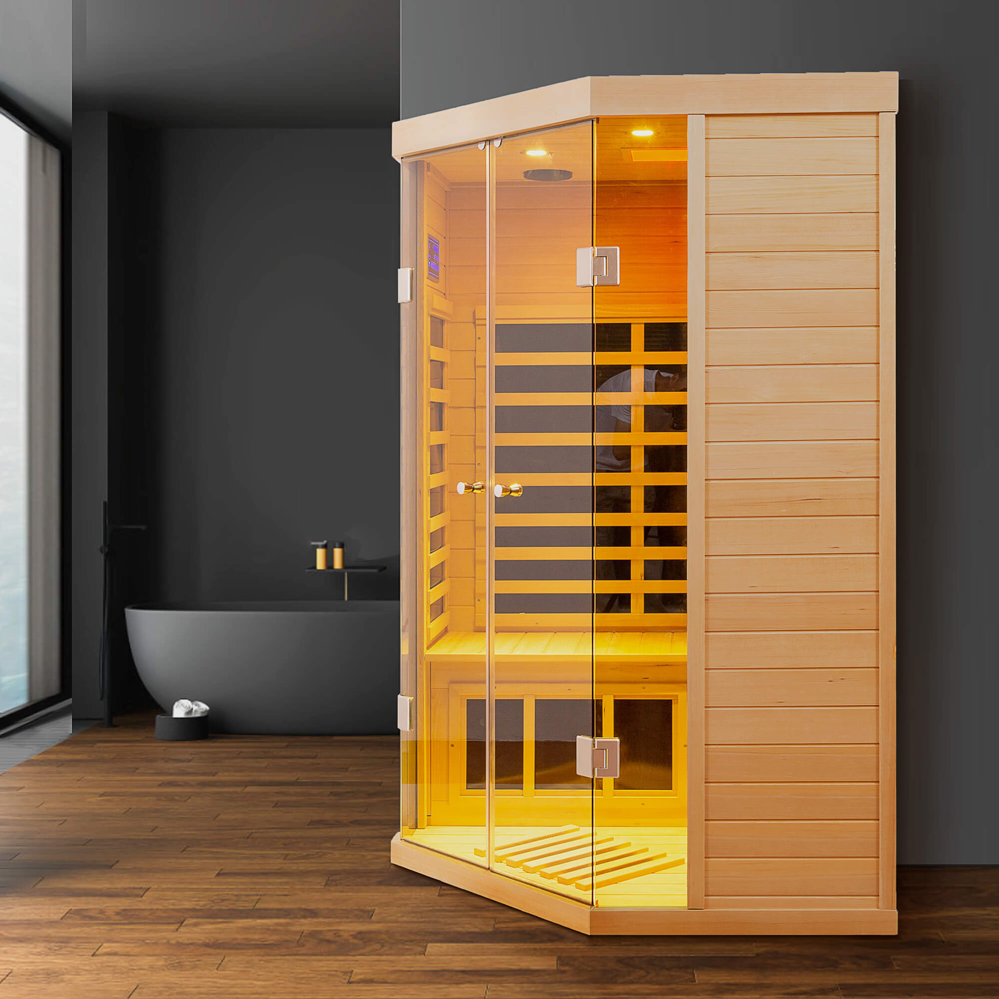 Xmatch Saunas 907S Far Infrared Sauna, Indoor Corner Wooden Dry Sauna Low EMF (Hemlock Wood, 2-3 Person Size)