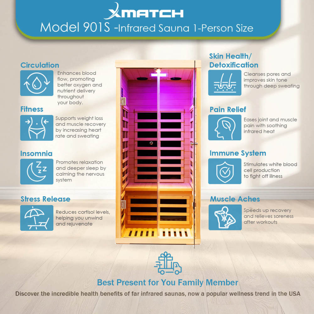 Xmatch Saunas 901S Far Infrared Sauna, Indoor Wooden Dry Sauna Low EMF (Hemlock Wood, 1-Person Size)