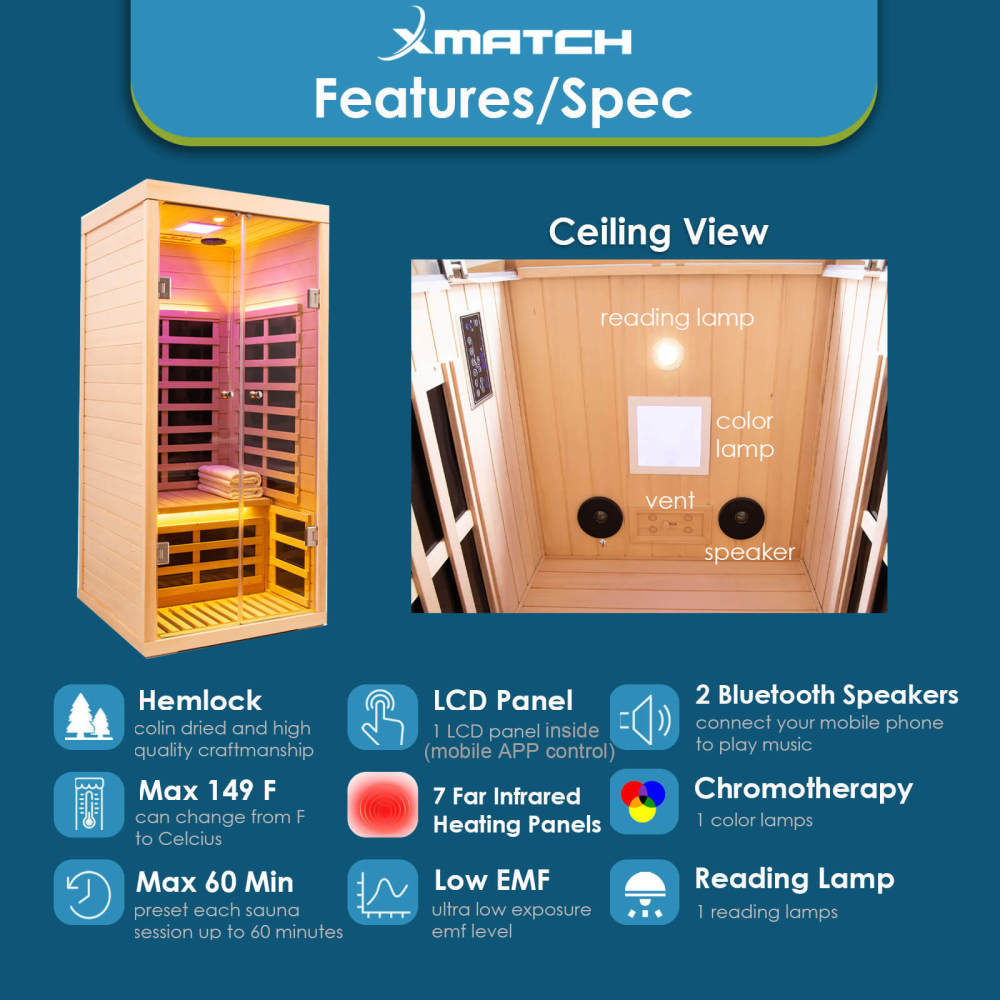 Xmatch Saunas 901S Far Infrared Sauna, Indoor Wooden Dry Sauna Low EMF (Hemlock Wood, 1-Person Size)