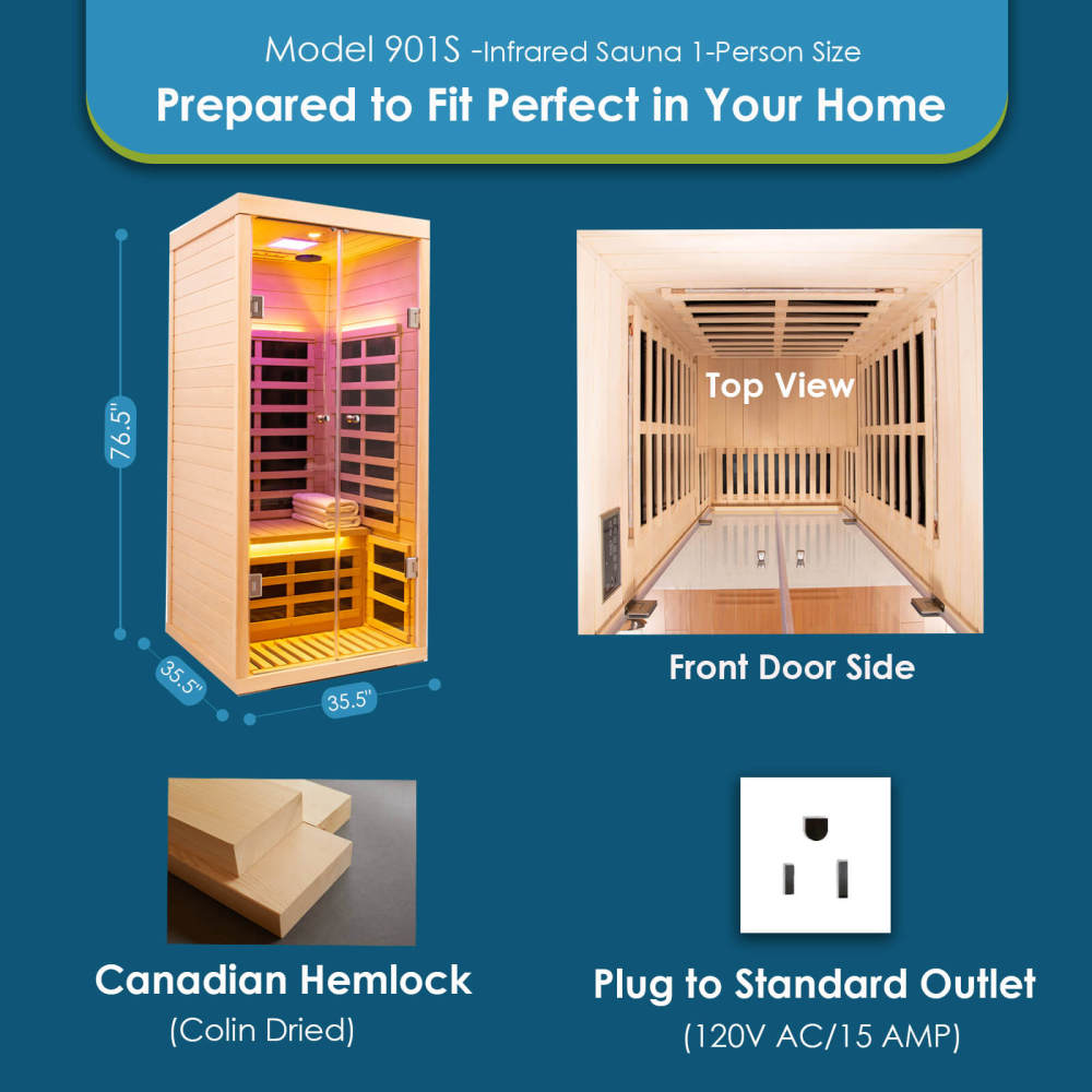 Xmatch Saunas 901S Far Infrared Sauna, Indoor Wooden Dry Sauna Low EMF (Hemlock Wood, 1-Person Size)