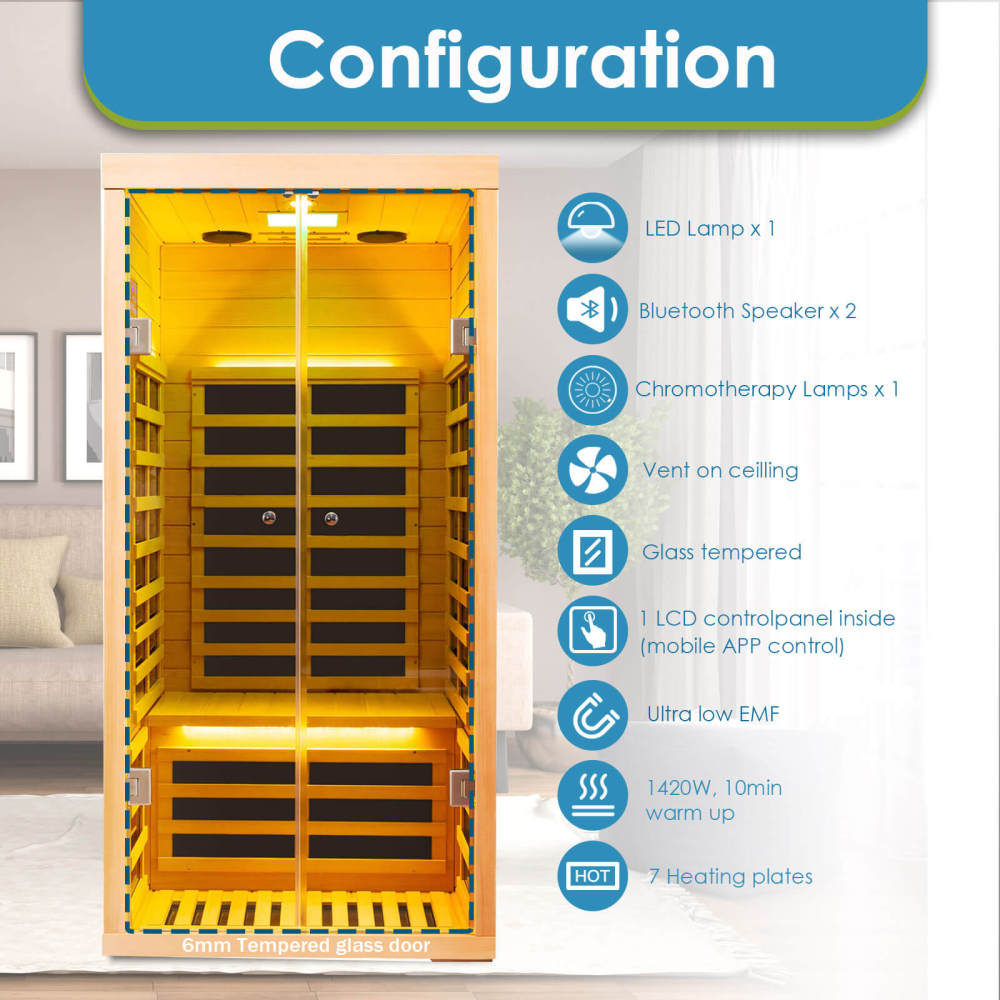 Xmatch Saunas 901S Far Infrared Sauna, Indoor Wooden Dry Sauna Low EMF (Hemlock Wood, 1-Person Size)